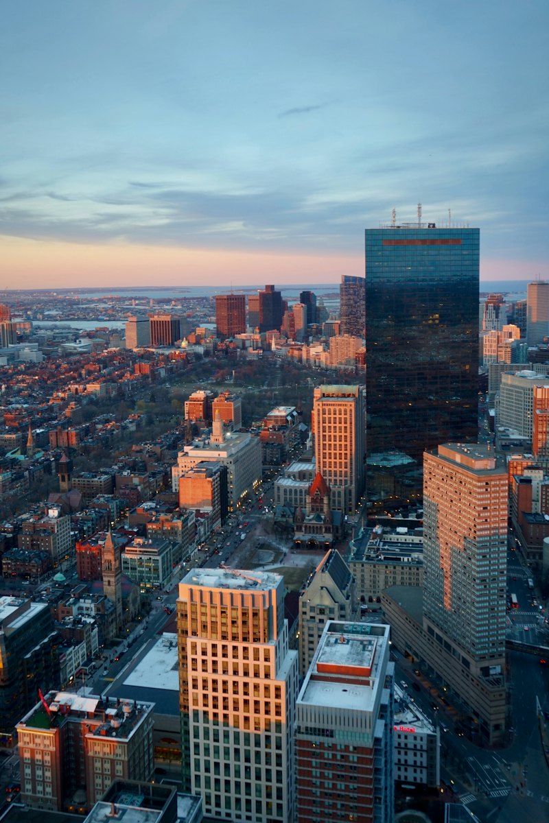Back Bay and its tall glass tower at sunset