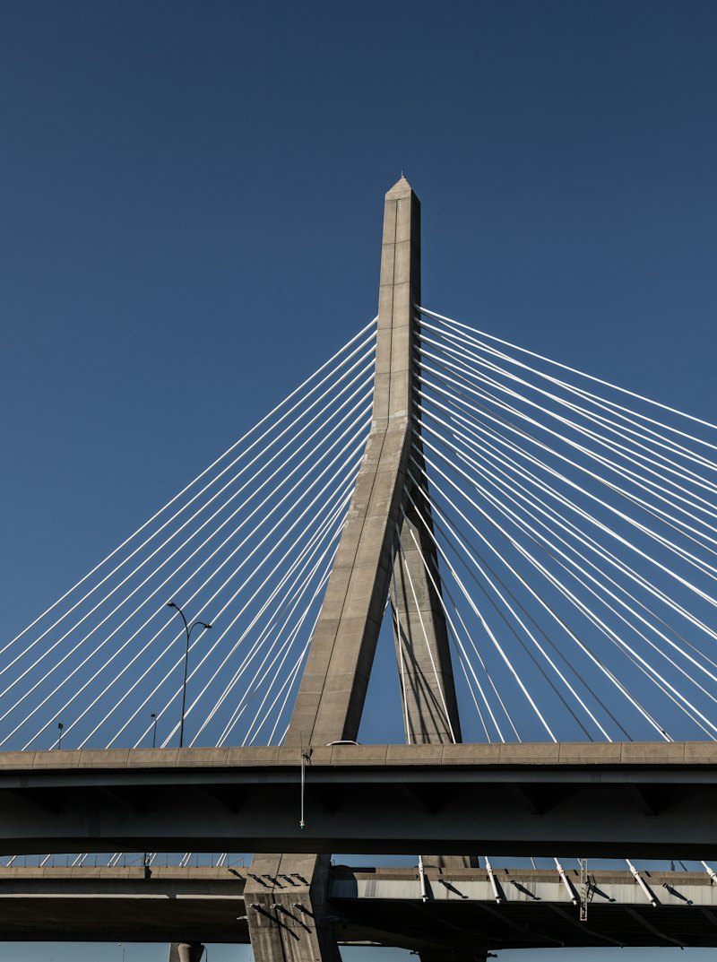 The cables of the Zakim Bridge against a blue sky