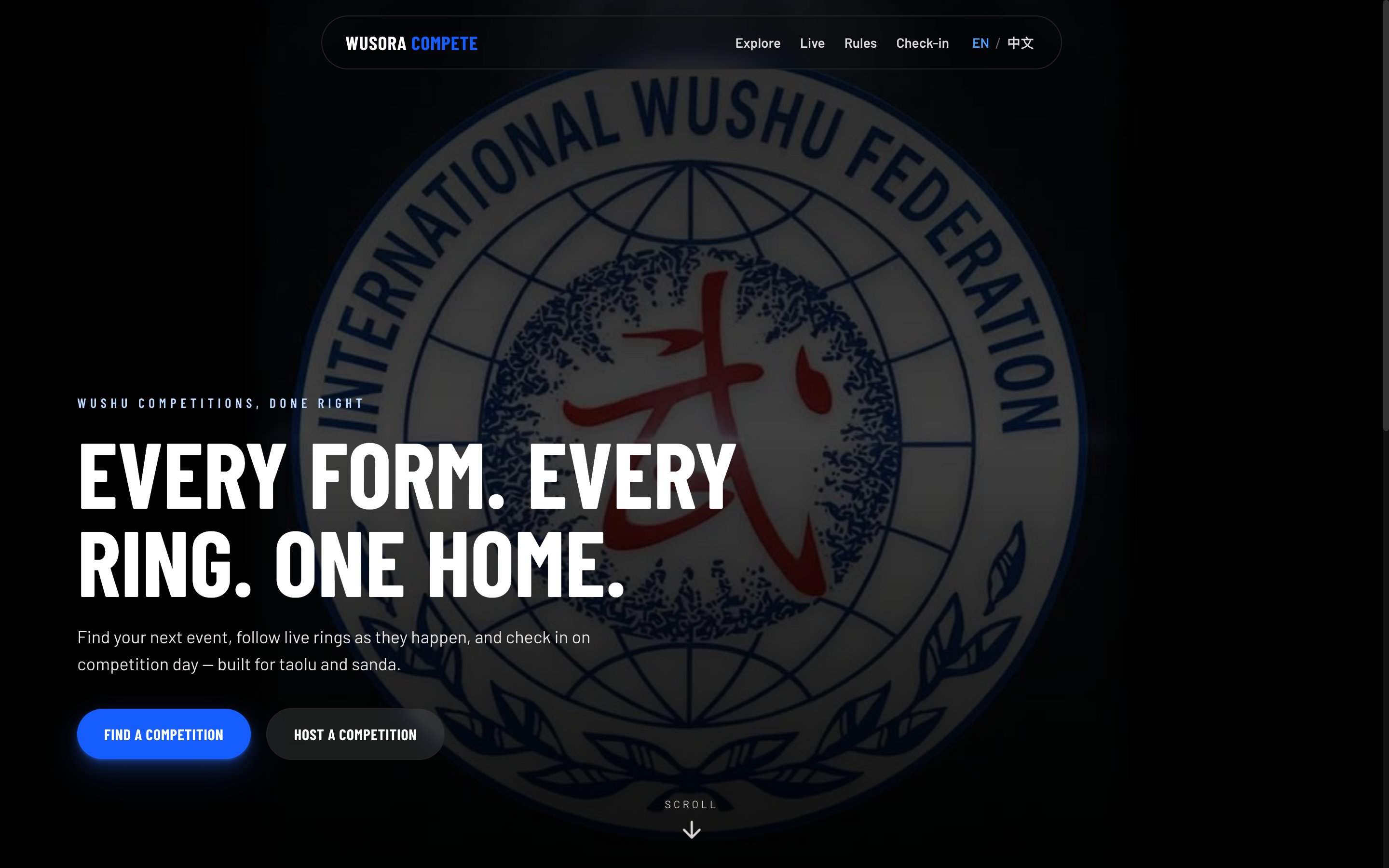 The Wusora competitor site with the headline Every form. Every ring. One home., and buttons to find or host a competition