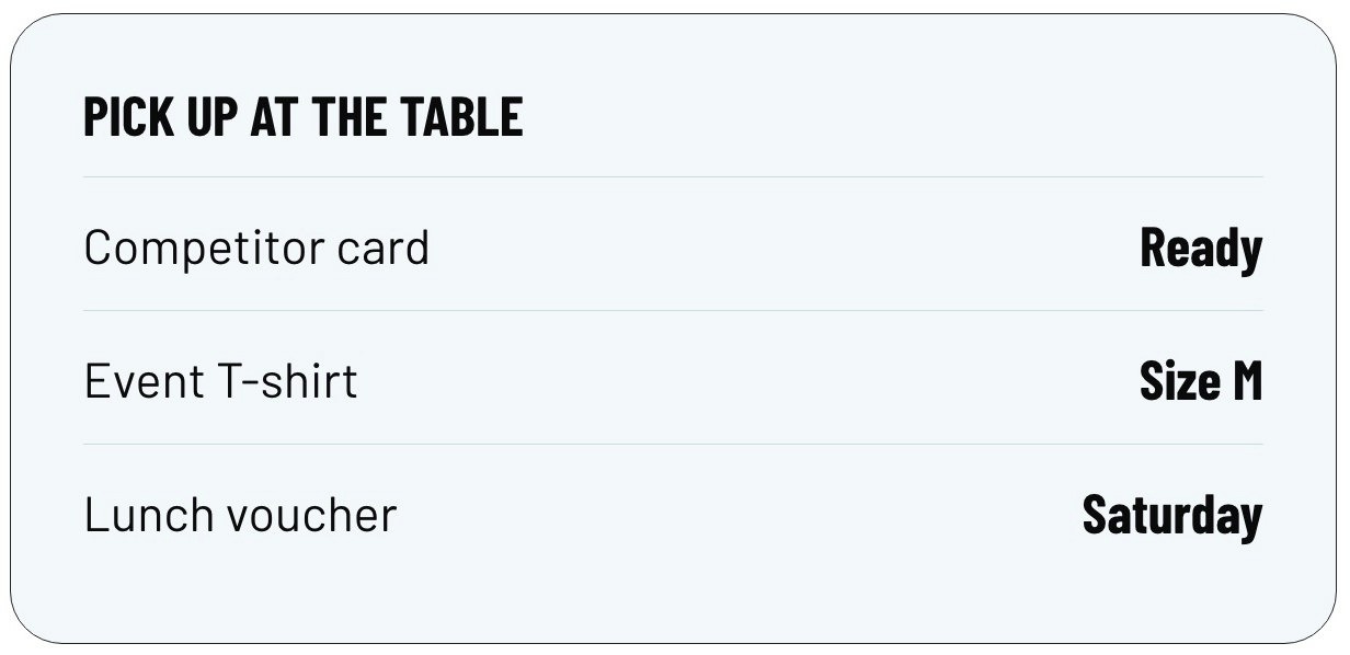 Pick up at the table: competitor card, event T-shirt, lunch voucher