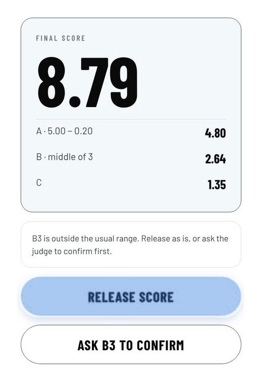Head judge panel with a final score of 8.79 and a Release score button