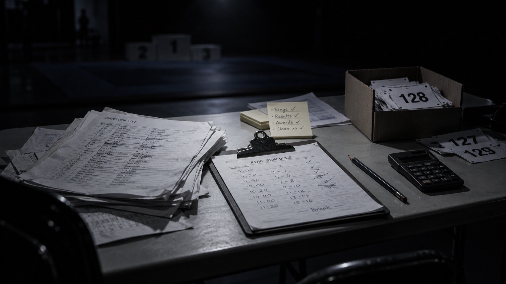 A tournament check-in table at night under one spotlight: stacks of crossed-out competitor lists, a handwritten ring schedule on a clipboard, sticky notes, a calculator and a box of paper competitor numbers