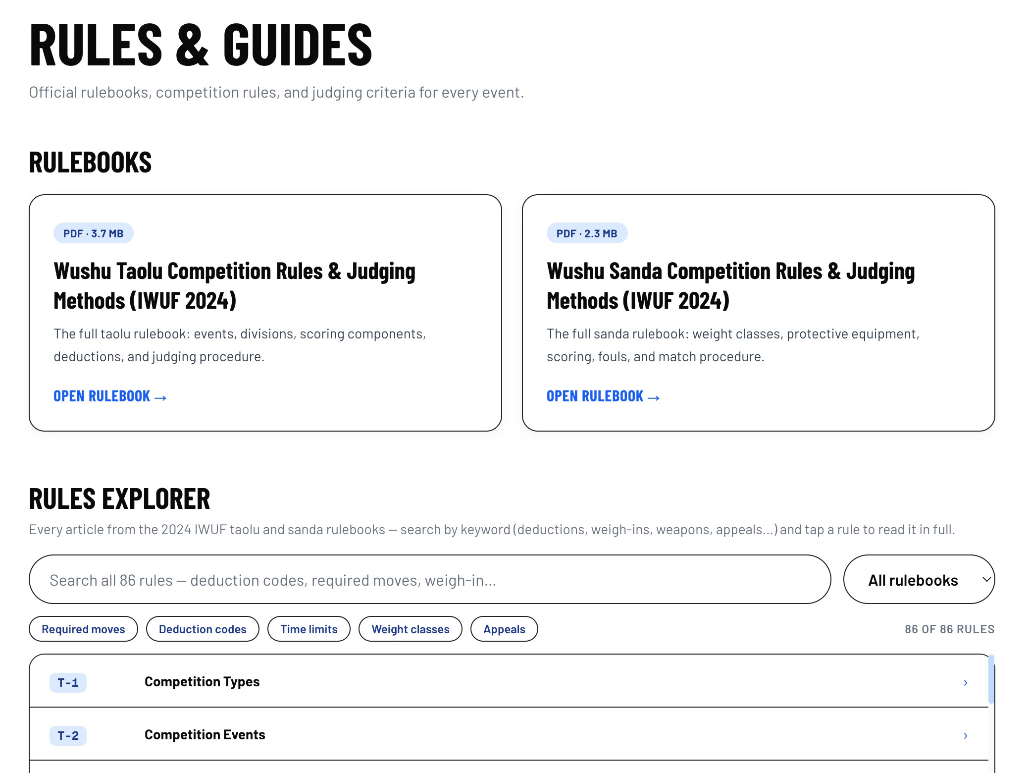 Wusora rules page with the IWUF 2024 taolu and sanda rulebooks and a searchable rules explorer